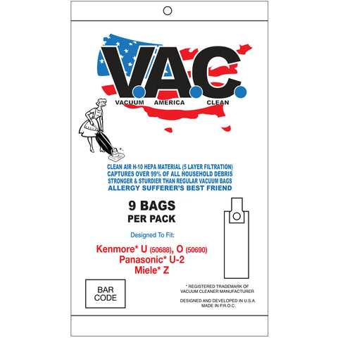 VAC9 H-10 HEPA Vacuum Bags, 9pk, for Kenmore Sears Style U 50688, Style O 50690, Panasonic U-2, Miele Z
