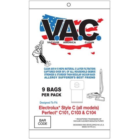 VAC15 H-10 HEPA Vacuum Bags, 9pk, for Perfect C101/C103/C104 & Electrolux Canister, VAC15, Style C
