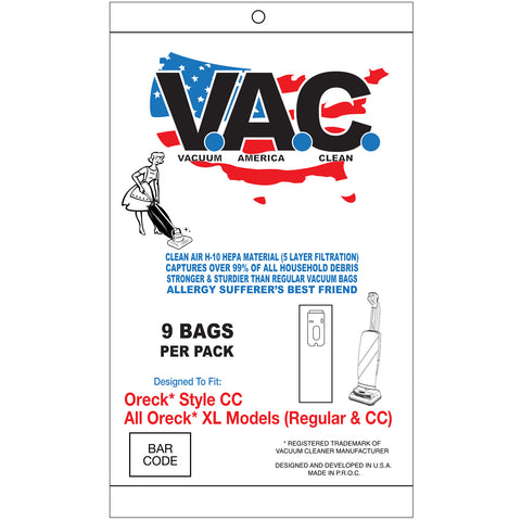 VAC8 H-10 HEPA Vacuum Bags, 9pk, for All Oreck Uprights, XL Models Regular & Style CC